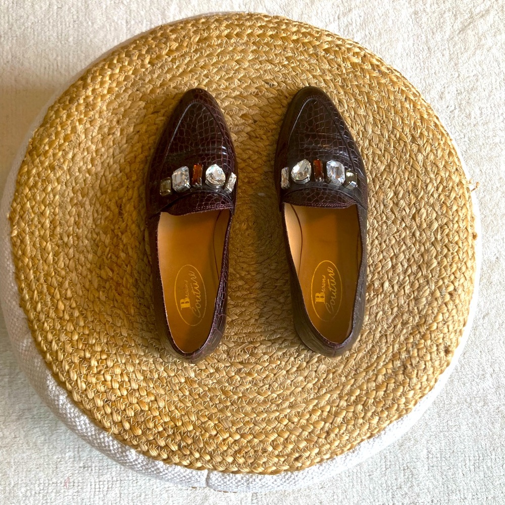 Gorgeous Chocolate Brown Leather Loafers with Gemstone Detail—Browns Couture